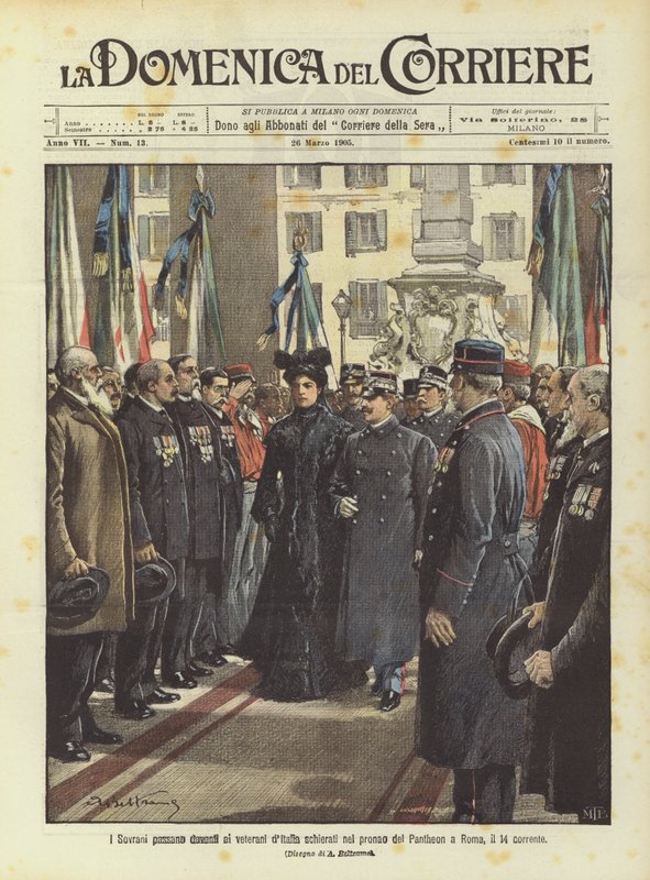 Suveræniteterne passerer foran de italienske veteraner, der er opstillet i pronaos ved Pantheon i Rom, den 14. af Achille Beltrame