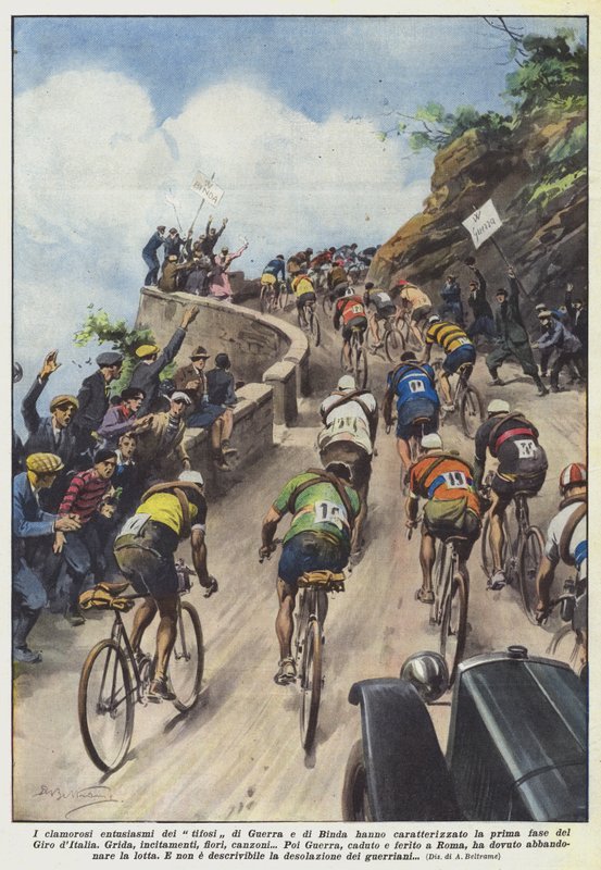 Den sensationelle entusiasme hos fans af Guerra og Binda karakteriserede den første fase af Giro dItalia af Achille Beltrame
