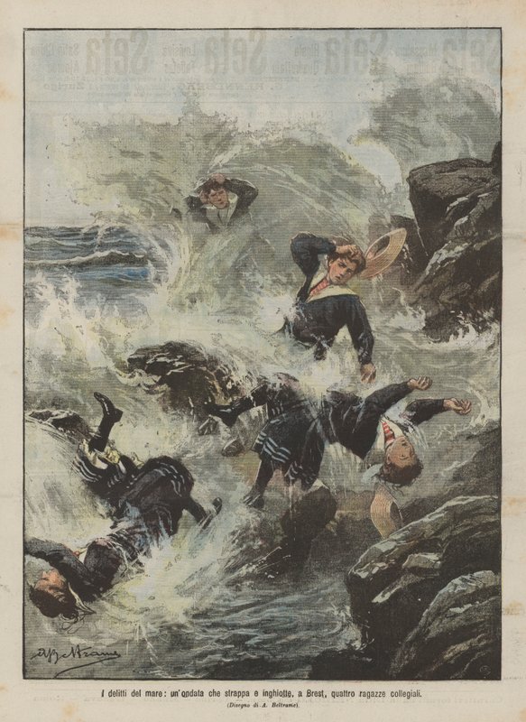 Havets forbrydelser, en flod, der river og sluger fire kostskolepiger i Brest af Achille Beltrame