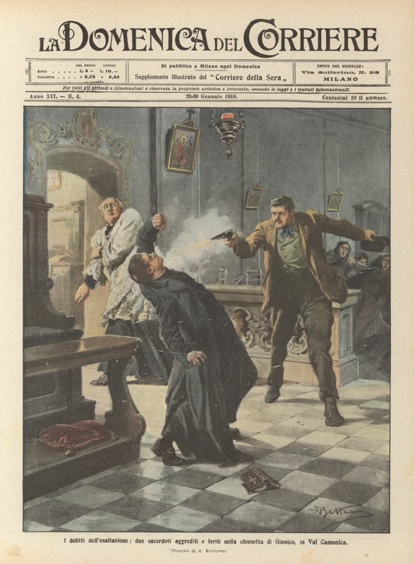 Forbrydelser af ophøjelse, to præster angrebet og såret i den lille kirke af Gianico, i Val Camonica af Achille Beltrame