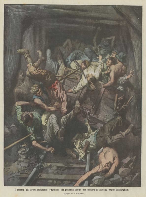 Dramer i minearbejde, vogn, der styrter ned i en kulmine i nærheden af Birmingham af Achille Beltrame