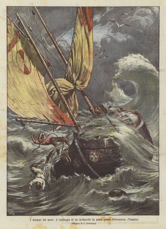 Havets dramaer, forliset af en fiskeluger nær Sottomarina (Venedig) af Achille Beltrame