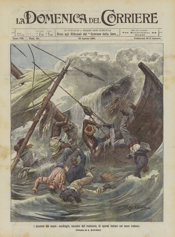 Havtragedier, monsunrelateret skibsforlis af italienske arbejdere i Det Indiske Hav af Achille Beltrame