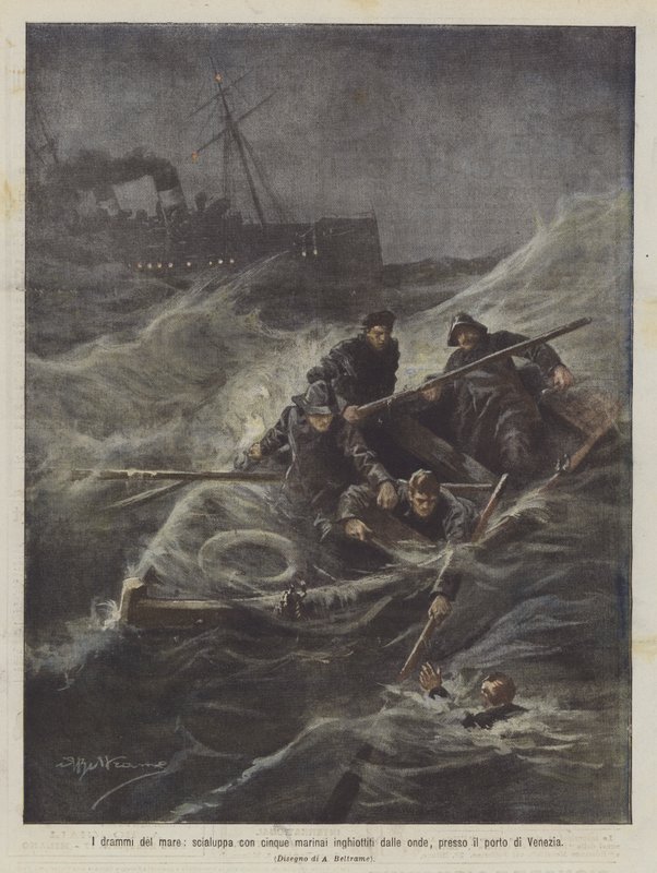 Havets dramaer, redningsbåd med fem sømænd, der blev opslugt af bølgerne, nær Venedigs havn af Achille Beltrame