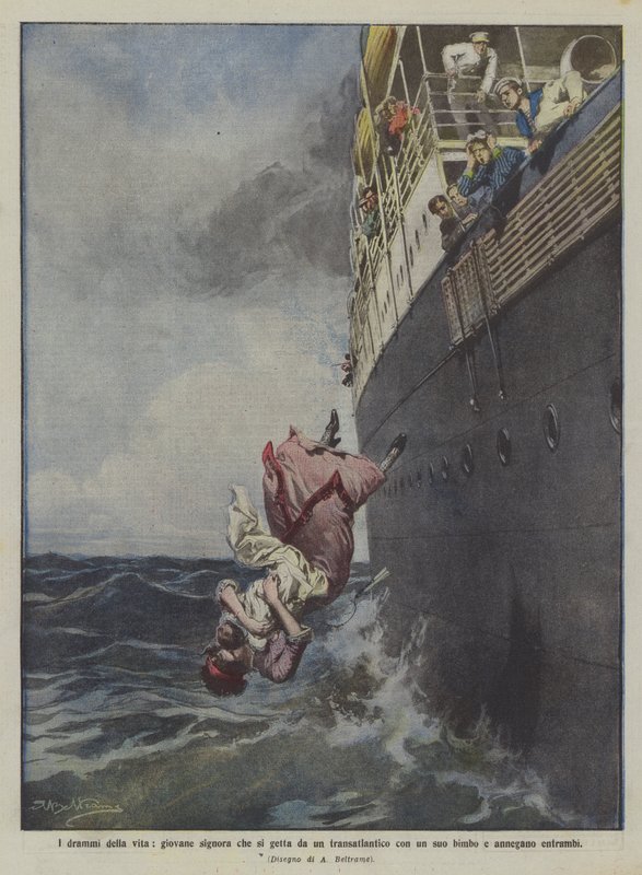 Livets dramaer, en ung kvinde hopper ud fra et skib med sit barn, og de drukner begge af Achille Beltrame