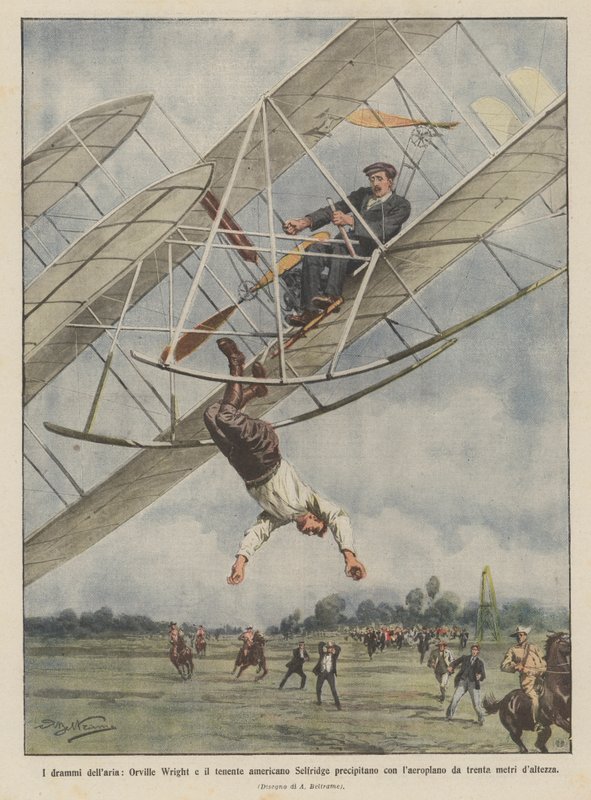 Luftdramaer, Orville Wright og den amerikanske løjtnant Selfridge styrter ned med deres flyvemaskine? af Achille Beltrame