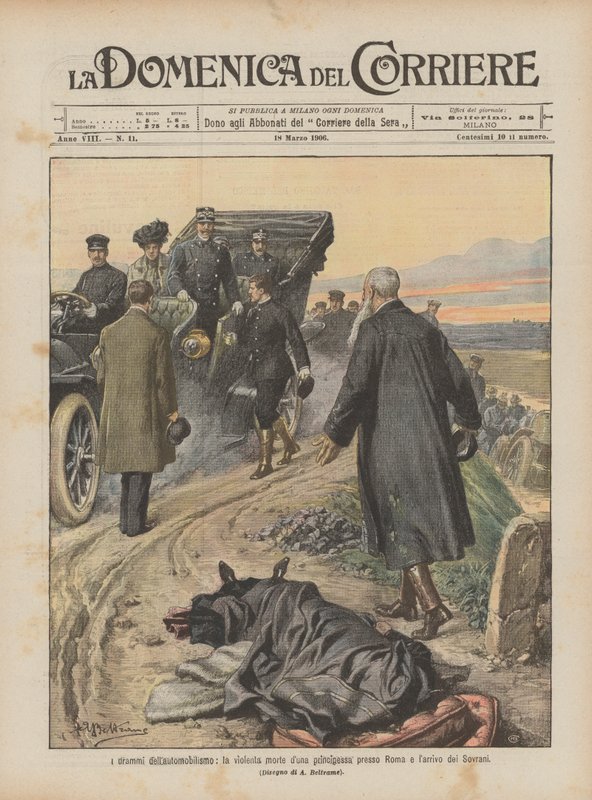 Motorsportsdramaer, en prinsesses voldsomme død nær Rom og suverænitetens ankomst af Achille Beltrame