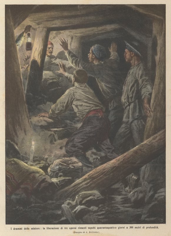 Dramaerne i minerne, befrielsen af tre arbejdere, der blev begravet i 44 dage ved 300 ? af Achille Beltrame