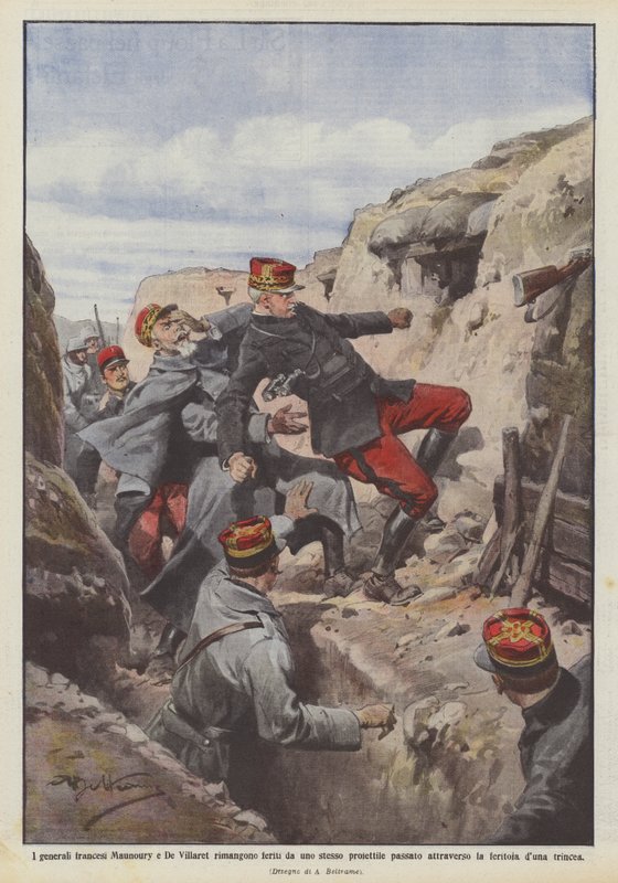 Er de franske generaler Maunoury og De Villaret såret af den samme tidligere kugle? af Achille Beltrame