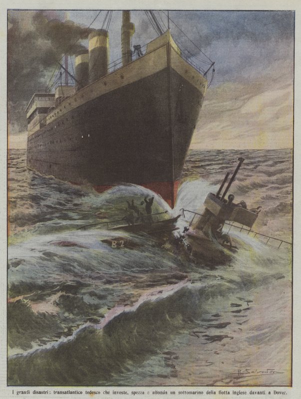 De store katastrofer, et tysk transatlantisk hav, der rammer, bryder op og sænker en ubåd af? af Achille Beltrame
