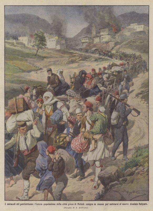 Patriotismens mirakler, hele befolkningen i den græske by Melnik emigrerer i massevis til ? af Achille Beltrame