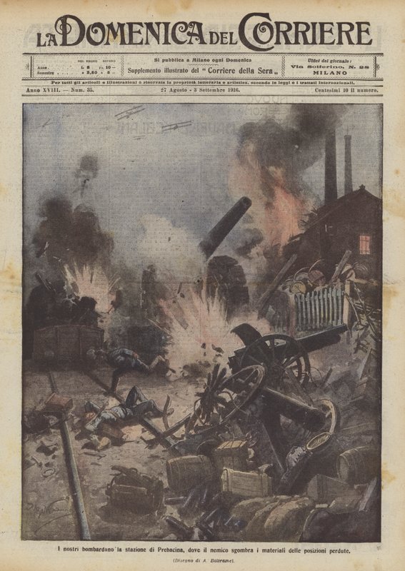 Vores tropper bomber Prebacina station, hvor fjenden rydder materialerne fra de tabte stillinger. af Achille Beltrame