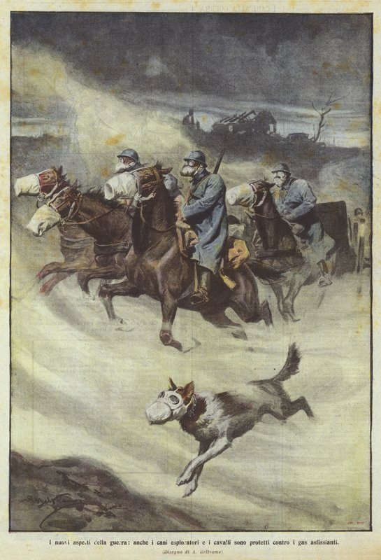 De nye aspekter af krigsførelse, selv opdagelsesrejsende hunde og heste er beskyttet mod giftgas af Achille Beltrame
