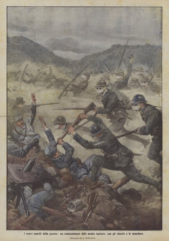 De nye aspekter af krigen, et modangreb fra vores infanteri, med hjelme og masker af Achille Beltrame