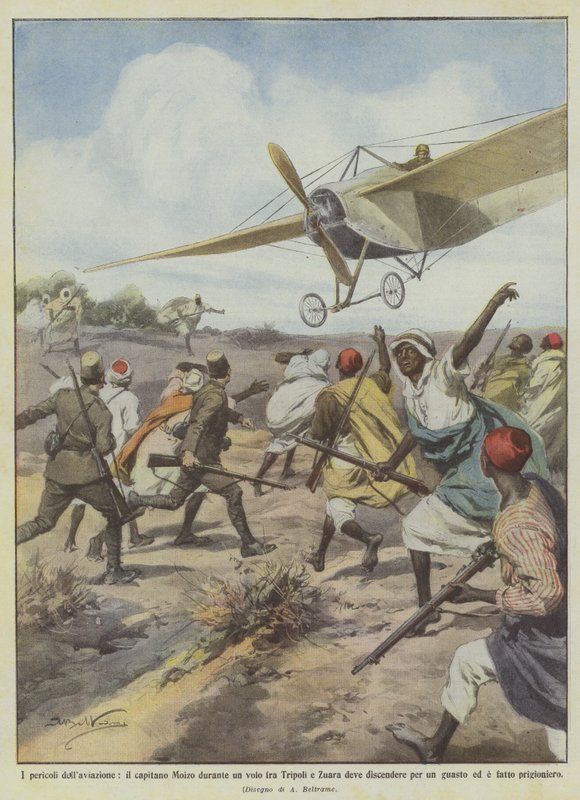 De farer af luftfart, kaptajn Moizo under en flyvning mellem Tripoli og Zuara skal ned ? af Achille Beltrame