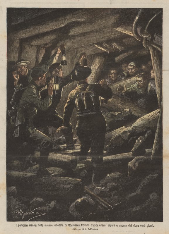 Brandmænd, der gik ned i de oversvømmede miner i Courrieres, fandt tretten arbejdere begravet og stadig der? af Achille Beltrame