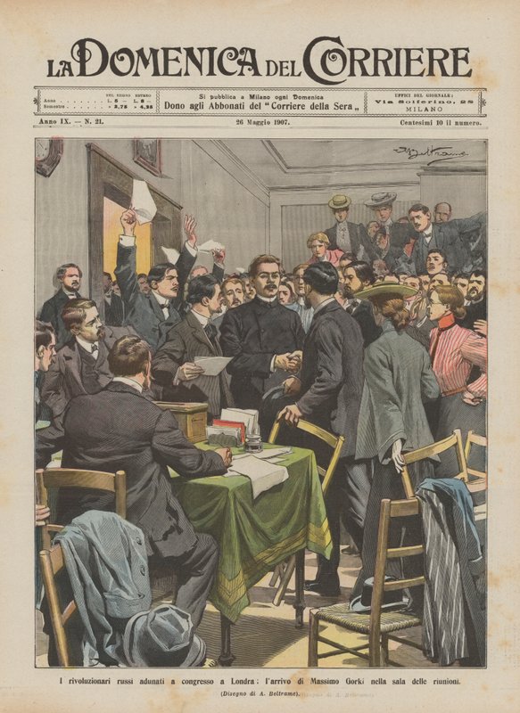 Russiske revolutionære samledes til kongres i London, Maximus Gorkis ankomst til mødesalen af Achille Beltrame