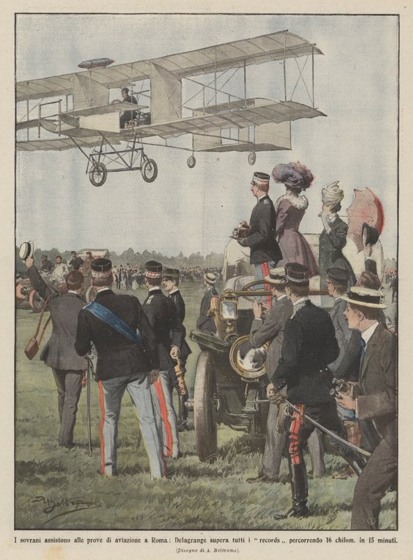 Suveræne flyvere deltager i flyveprøver i Rom, Delagrange overgår alle rekorder ved at flyve ? af Achille Beltrame