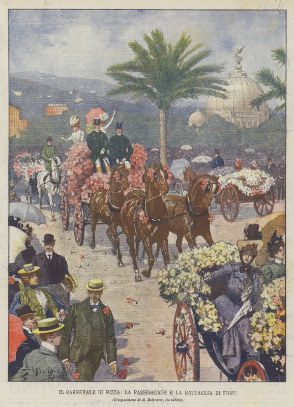 Det hyggelige karneval, gåturen og slaget om blomster af Achille Beltrame
