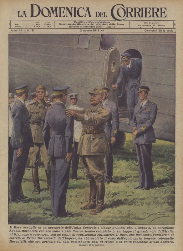 Il Duce byder velkommen til de fem flyvere, der ombord? af Achille Beltrame
