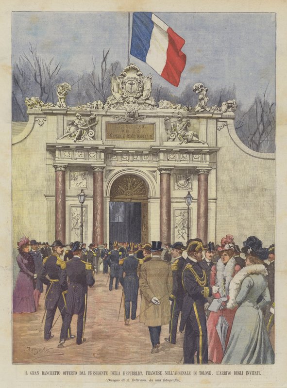 Den store banket, der tilbydes af præsidenten for den franske republik i Arsenalet i Toulon, gæsternes ankomst af Achille Beltrame