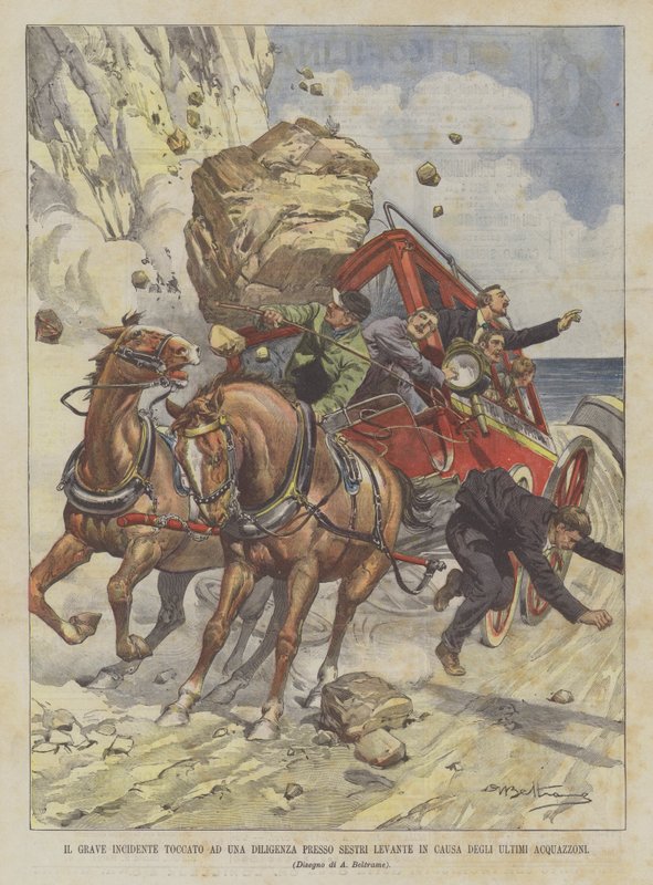 Den alvorlige ulykke ramt af en diligence i Sestri Levante på grund af de sidste byger af Achille Beltrame
