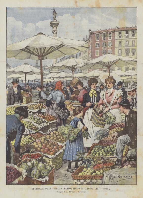 Frugtmarkedet i Milano, ved La Colonna Del Verzee af Achille Beltrame