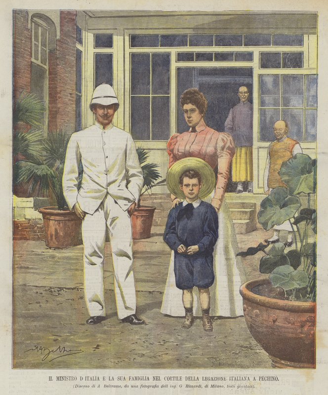 Ministeren for Italien og hans familie i gården til den italienske legation i Beijing af Achille Beltrame