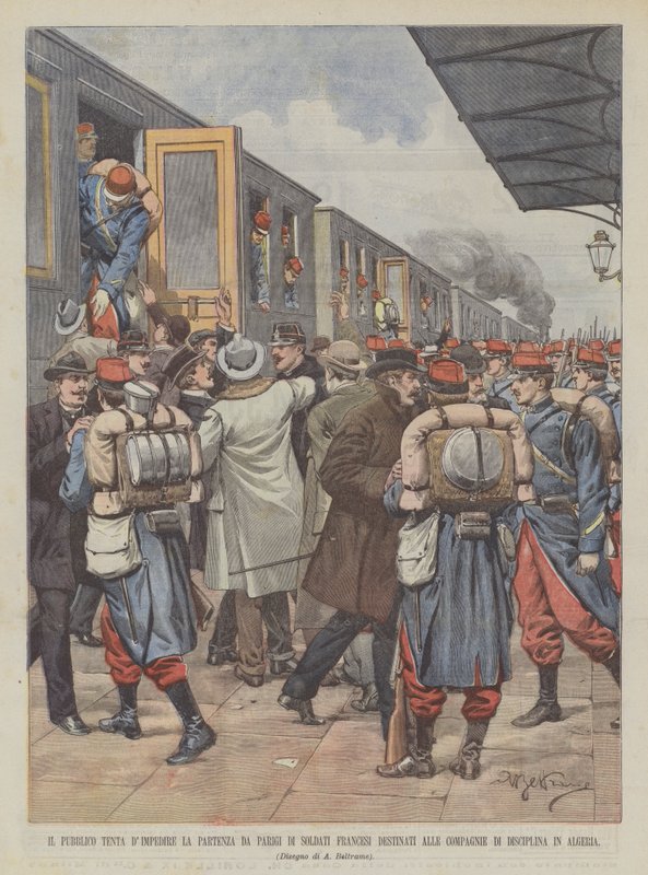 Forsøger publikum at forhindre afgang fra Paris af franske soldater bestemt til virksomheder? af Achille Beltrame