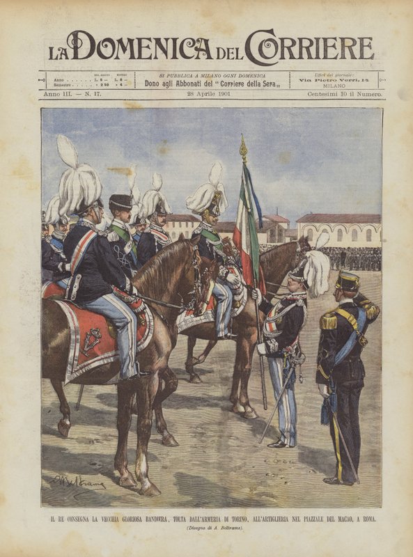 Kongen leverer det gamle glorværdige flag, fjernet fra våbenhuset i Torino, til artilleriet i? af Achille Beltrame