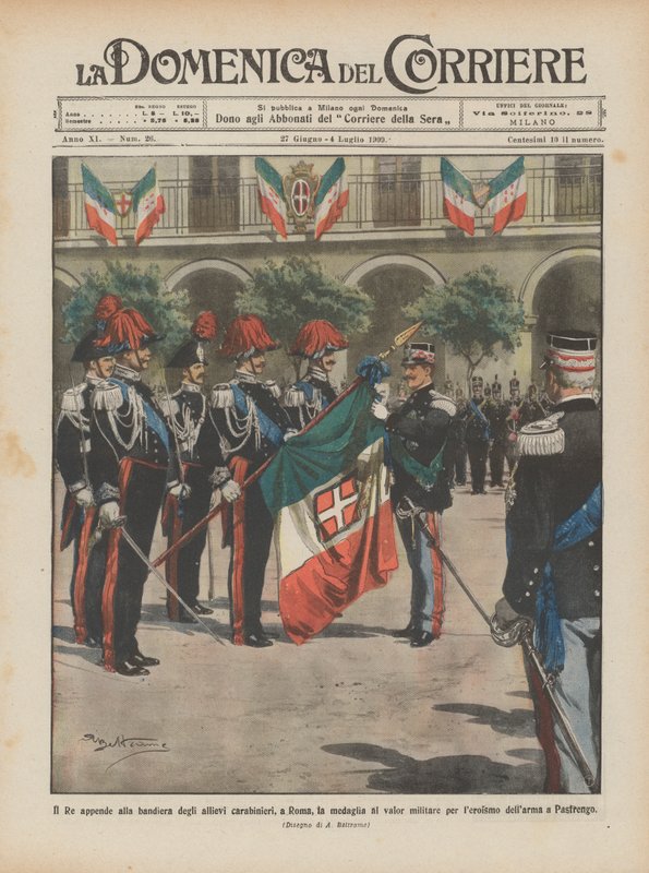 Kongen hænger medaljen for militær tapperhed op på flaget for Carabinieri-kadetterne i Rom i forbindelse med den ? af Achille Beltrame