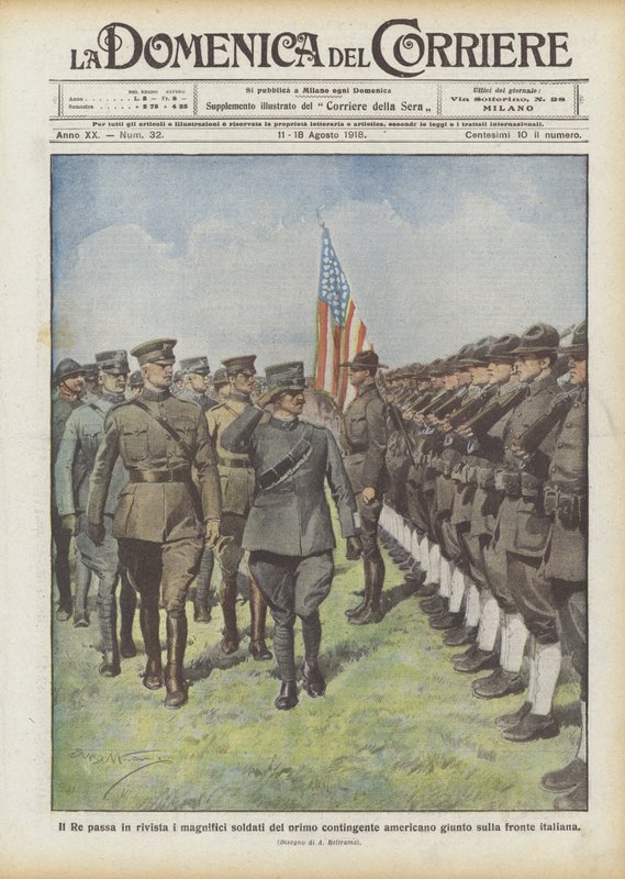 Kongen gennemgår de storslåede soldater fra det første amerikanske kontingent, der ankom til den italienske front af Achille Beltrame
