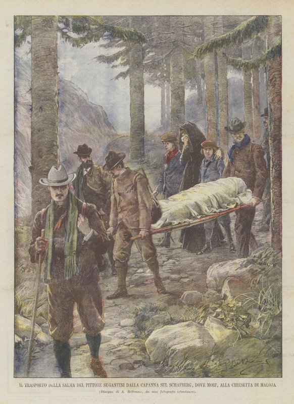 Transport af liget af maleren Segantini fra hytten på Schafberg, hvor han døde, til den lille kirke Maloja af Achille Beltrame