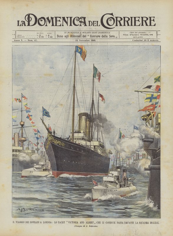 Suverænernes rejse til London, yachten Victoria og Albert, der fører dem, passerer foran det engelske hold af Achille Beltrame