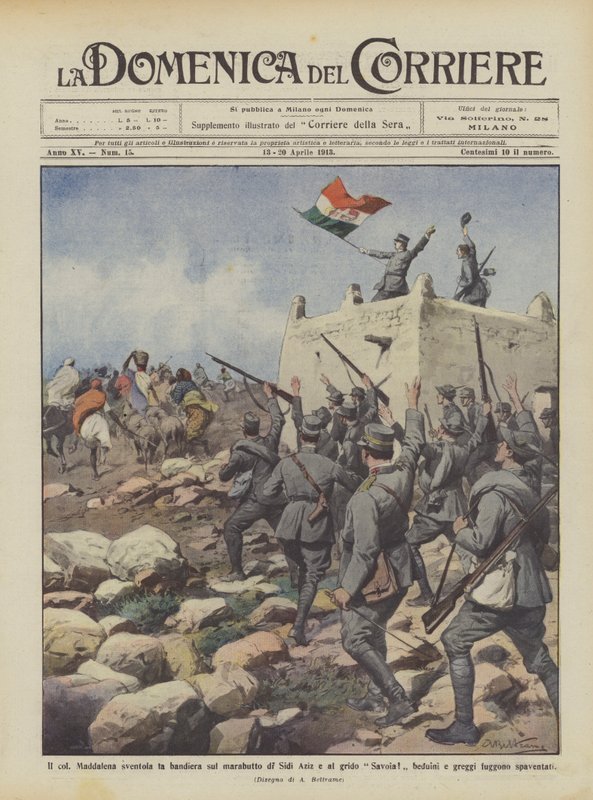 Oberst Maddalena vifter med sit flag over Sidi Aziz-marabuten, og til råbet Savoia! af Achille Beltrame