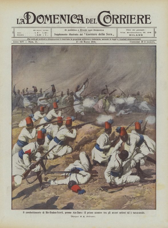 Kampen om Bir-Rodan-Scerif, nær Ain-Zara, det første sammenstød mellem den eritreiske askari og tyrkisk-araberne af Achille Beltrame