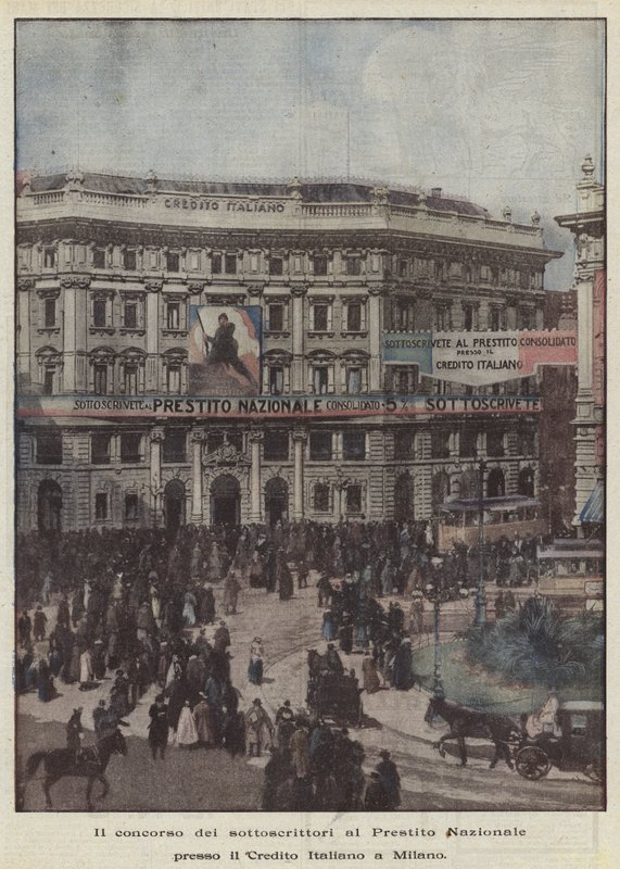Konkurrencen af ​​abonnenter på det nationale lån på Credito Italiano i Milano af Achille Beltrame