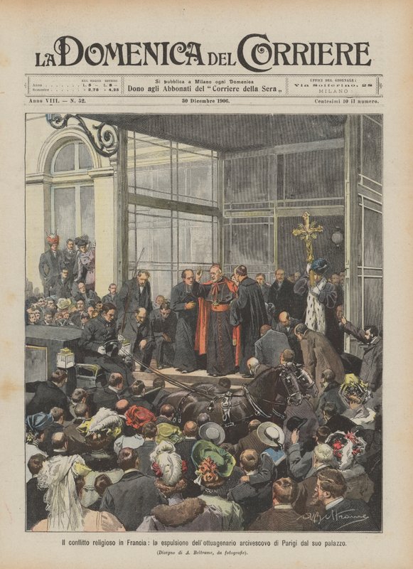 Religiøs konflikt i Frankrig, udvisning af den otteårige ærkebiskop af Paris fra sit palads af Achille Beltrame