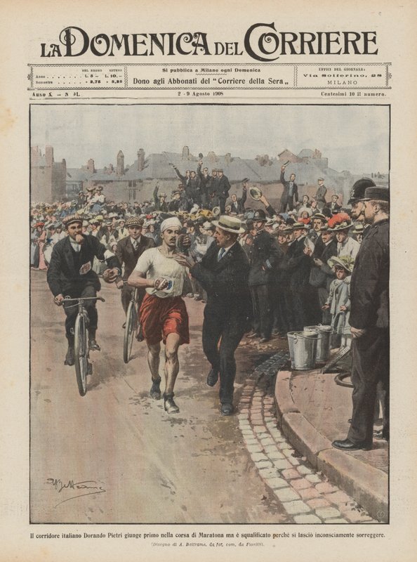 Den italienske løber Dorando Pietri kom først i maratonløbet, men blev diskvalificeret, fordi han ikke havde lov til at løbe. af Achille Beltrame