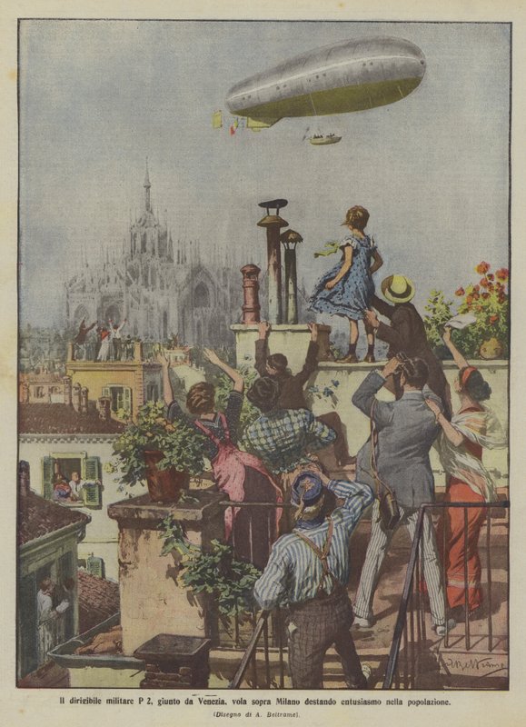 Det militære luftskib P 2, der er ankommet fra Venedig, flyver over Milano og vækker begejstring i befolkningen. af Achille Beltrame