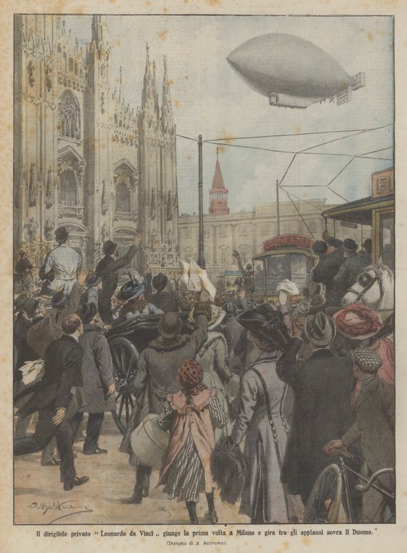 Leonardo da Vincis private luftskib ankommer til Milano for første gang og flyver rundt til klapsalver over Il Duomo af Achille Beltrame