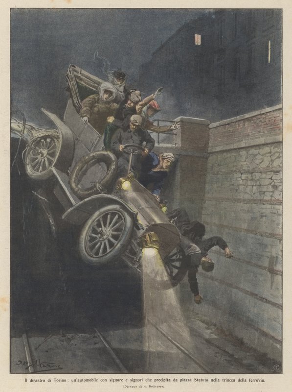 Katastrofen i Torino, en bil med damer og herrer, der styrter ned fra Piazza Statuto i ? af Achille Beltrame