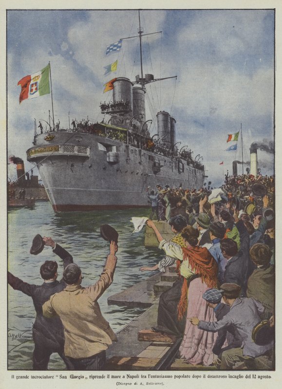 Vender den store krydser San Giorgio tilbage til havet i Napoli under folkelig entusiasme bagefter? af Achille Beltrame