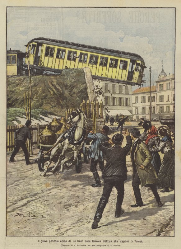 Den alvorlige fare, som et elektrisk tog udgør på stationen i Varese af Achille Beltrame