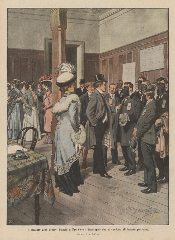 Det hvide slavemarked i New York, arbejdsløse som sælger sig selv på auktion for sult (farve litho) af Achille Beltrame