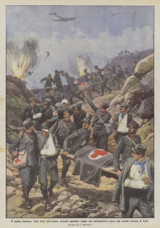 Den barbariske fjende På Isonzo-linjen skyder østrigske flyvere med maskingevær mod en? af Achille Beltrame