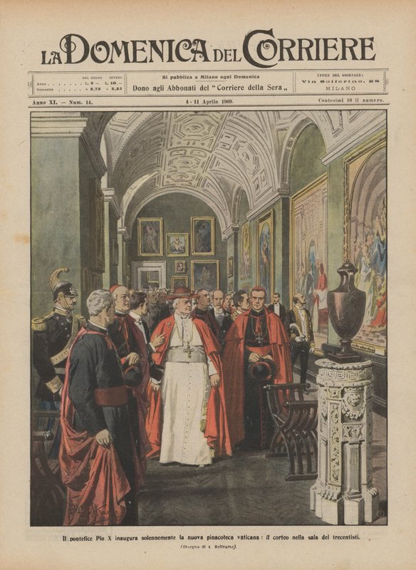 Pave Pius X indvier højtideligt det nye billedgalleri i Vatikanet, processionen i kunstnernes sal fra det fjortende århundrede af Achille Beltrame
