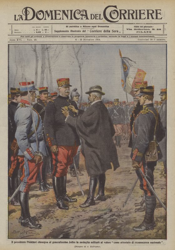 Præsident Poincare giver Generalissimo Joffre militærmedaljen for tapperhed Hvordan? af Achille Beltrame