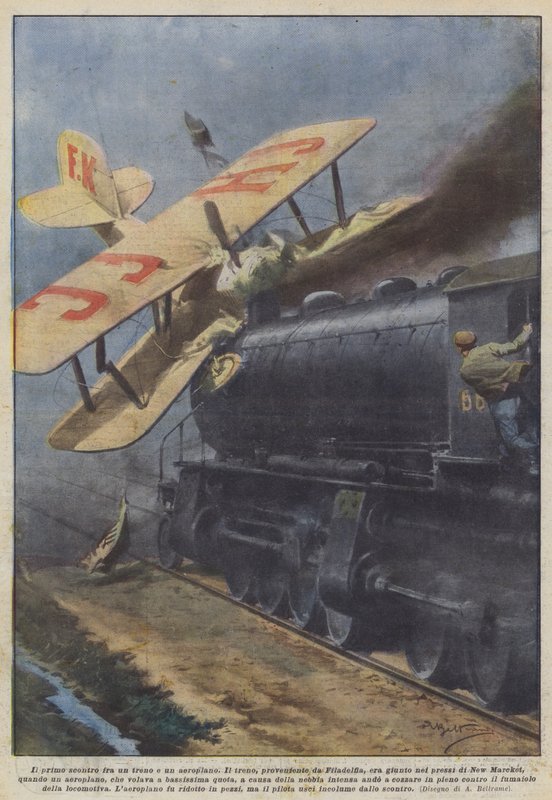 Den første kollision mellem et tog og et fly af Achille Beltrame