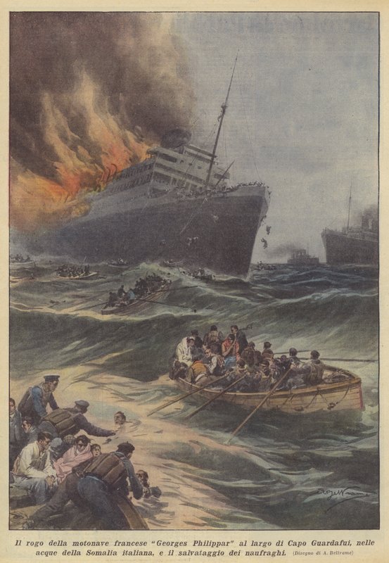 Afbrændingen af ​​det franske motorskib Georges Philippar ud for Capo Guardafui, i farvandet i? af Achille Beltrame